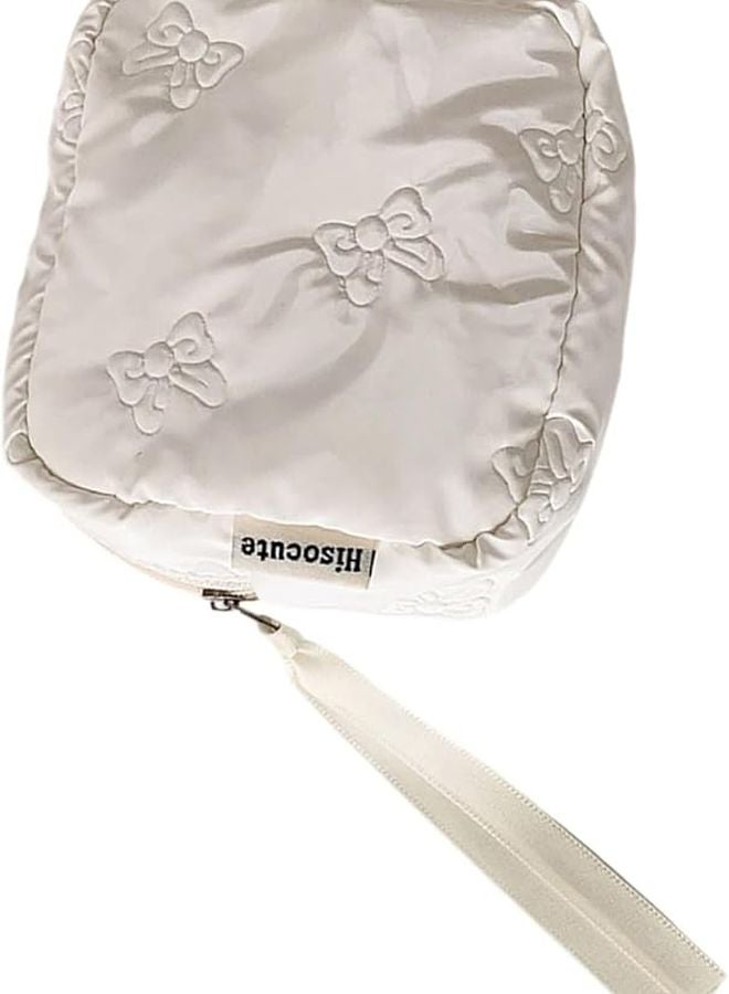 White Pearlescent Bowknot Makeup Toiletry Organizer Portable Travel Cosmetic Storage Bag - Image 1